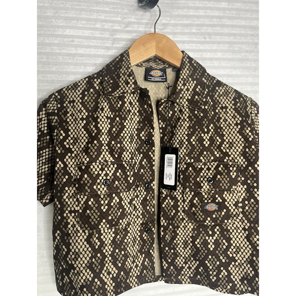 NEW  Dickies Camden Khaki  Button Down Crop Short Sleeve Top Size XXS